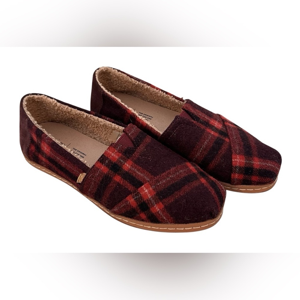 Toms cozy Alpargata Red Black Plaid Flannel Faux Shearling Slip Ons Flats Sz 8 - Picture 3 of 9